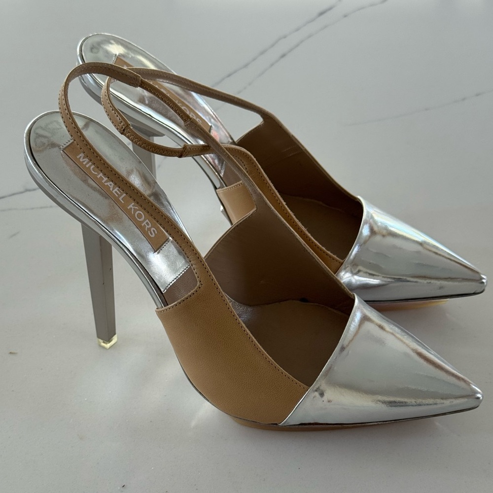 Michael Kors Silver and Tan Slingback Heels
